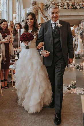 A-Line Bateau Long Sleeves Ruffles Tulle Elegant Wedding Dress PDS30