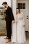 A-Line Round Neck Long Sleeves Backless Boho Wedding Dress with Lace PDS31