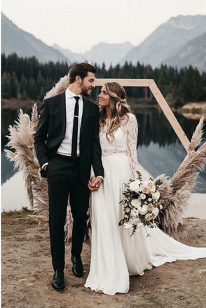 Two Piece Long Sleeves Chiffon Beach Wedding Dress with Lace PDS32