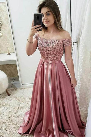 Burgundy Off Shoulder A Line Prom Dress, Lace Top Cheap Evening Gown PDJ68