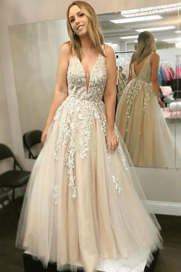A Line V Neck Prom Dresses With Lace Appliques, Long Cheap Evening Dre – trendtydresses