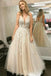 A Line V Neck Prom Dresses With Lace Appliques, Long Cheap Evening Dress PDJ61