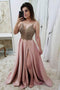 Spaghetti Straps A Line Split Prom Dress, Pink Beaded Evening Dresses PDJ47