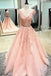 A Line V Neck Blush Pink Prom Dresses, Appliques Evening Dress PDJ41