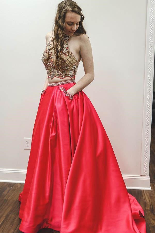 Two Pieces A Line Red Prom Dresses With Pockets, Halter Beaded Evening Dress PDJ60