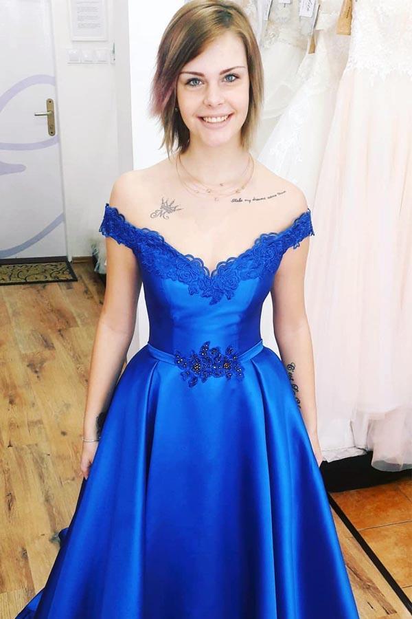Royal Blue A Line Appliques Satin Charming Prom Dresses PDJ39