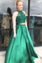 Two Pieces Halter A Line Satin Green Long Prom Dresses With Beads PDJ71