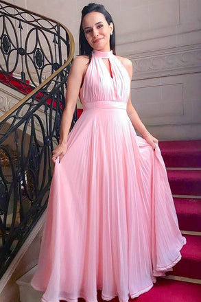 Pink Chiffon High Neck Simple Prom Dresses, Graduation Dresses PDJ74