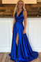 Royal Blue A Line Split Prom Dresses, V Neck Long Formal Party Dress PDJ76