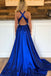 Royal Blue A Line Split Prom Dresses, V Neck Long Formal Party Dress PDJ76