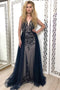 Navy Blue Tulle Sequins Prom Dresses, Long Formal Prom Dress PDJ78