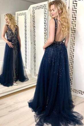 Navy Blue Tulle Sequins Prom Dresses, Long Formal Prom Dress PDJ78