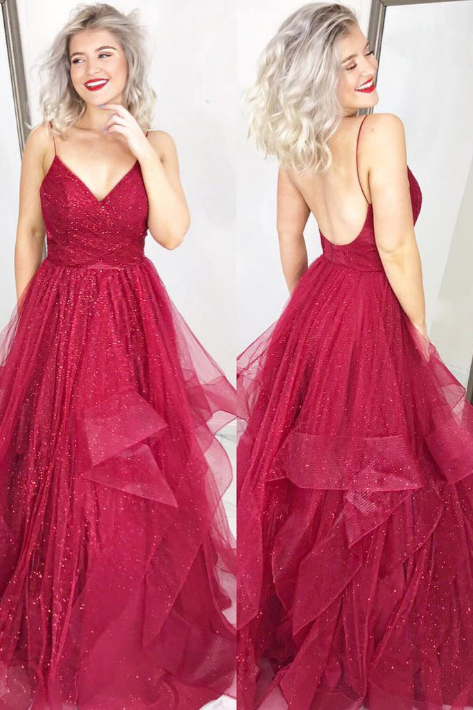 Red Spaghetti Straps A Line Sequins Prom Dresses, Backless Evening Dress PDJ81