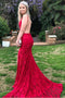 Red Lace Spaghetti Strap Backless Prom Dresses, Mermaid Prom Dress PDJ79