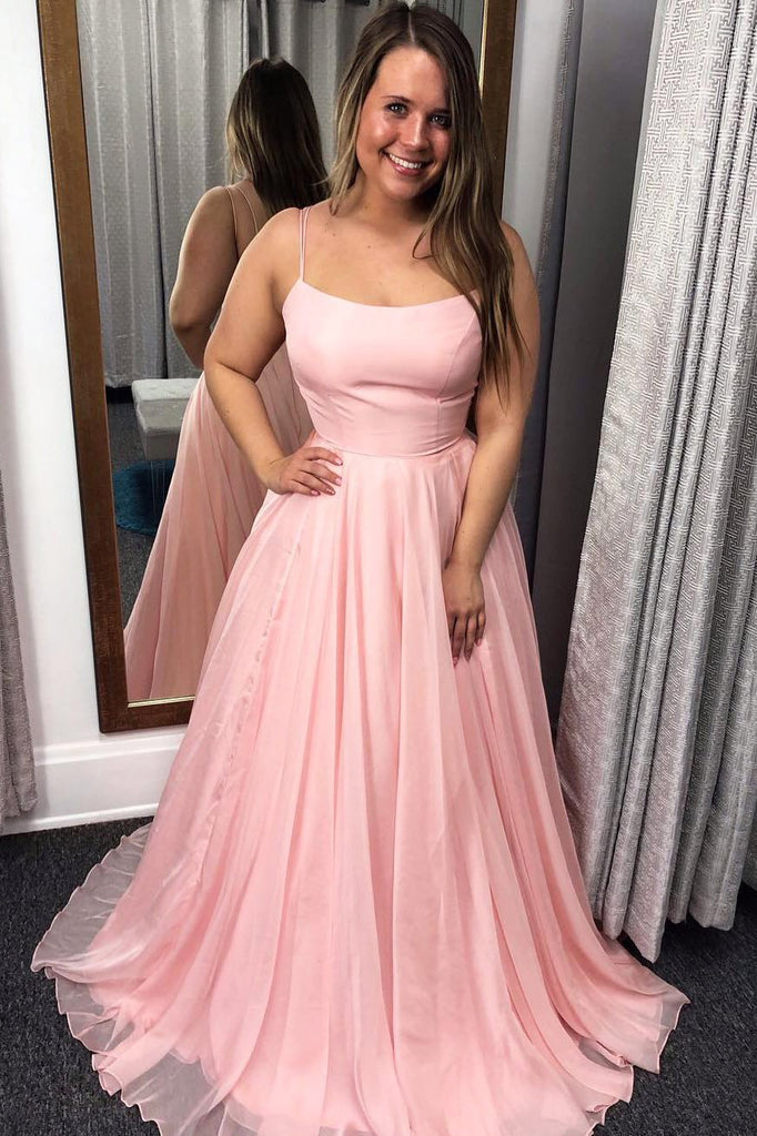 A Line Pink Spaghetti Straps Prom Dress, Long Evening Party Dresses PDJ54