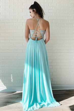 A Line Chiffon Long Split Prom Dress, Cheap Lace Up Back Evening Dresses PDJ52