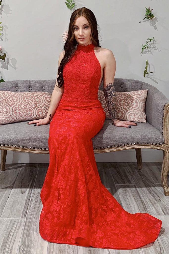 Red Lace Sheath Open Back Prom Dress, Mermaid Evening Dresses PDJ44