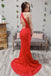 Red Lace Sheath Open Back Prom Dress, Mermaid Evening Dresses PDJ44
