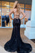 Mermaid Lace Spaghetti Straps Prom Dress, Long Navy Formal Evening Dresses PDJ53