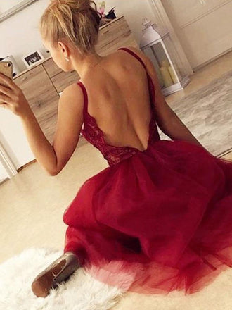 Cute A Line V Neck Spaghetti Straps Dark Red Short Homecoming Dresses with Lace PPD67