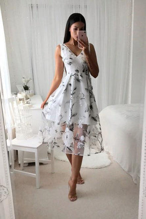 A-Line V-Neck Printed Tea Length Prom Dress with Pleats PDL40
