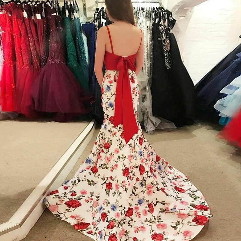 Mermaid Spaghetti Straps Floral Print Red Top Prom Dresses PDI84