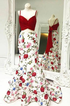 Mermaid Spaghetti Straps Floral Print Red Top Prom Dresses PDI84