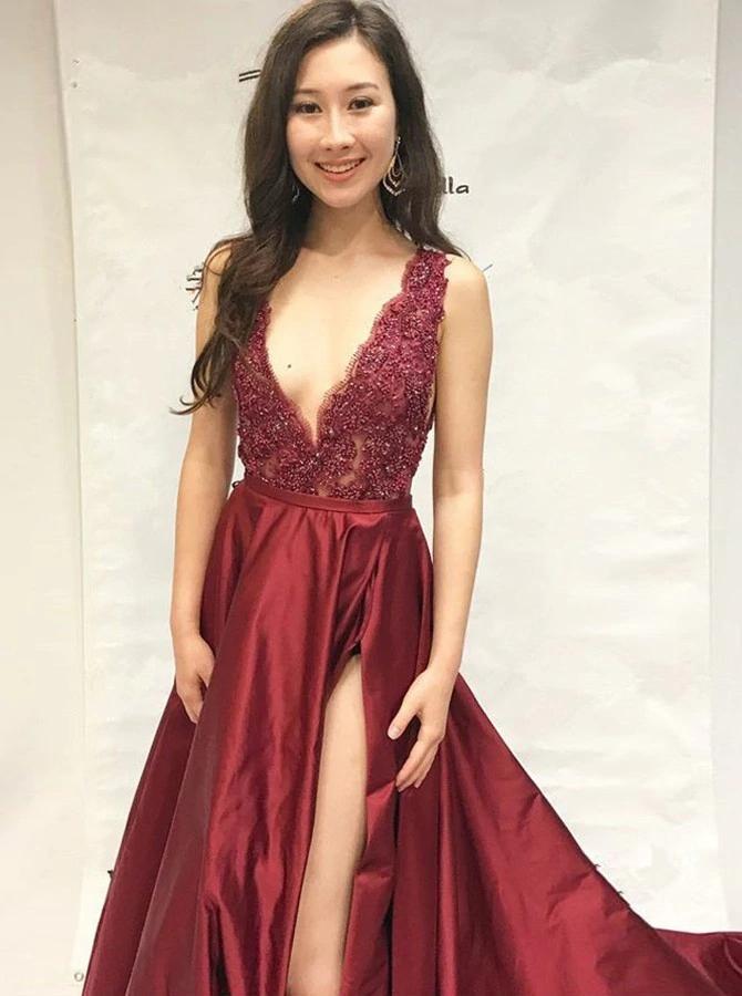 Sexy Burgundy Beaded Slit Skirt Evening Dress, Graduation School Party Gown PDI86