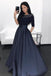 A-Line Bateau Half Sleeves Dark Blue Prom Dress with Beading Pockets PDL82