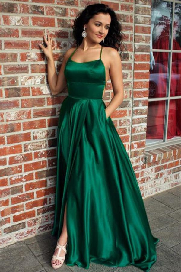 A Line Green Straps Criss Cross Back Long Prom Dresses with Pockets PDI62