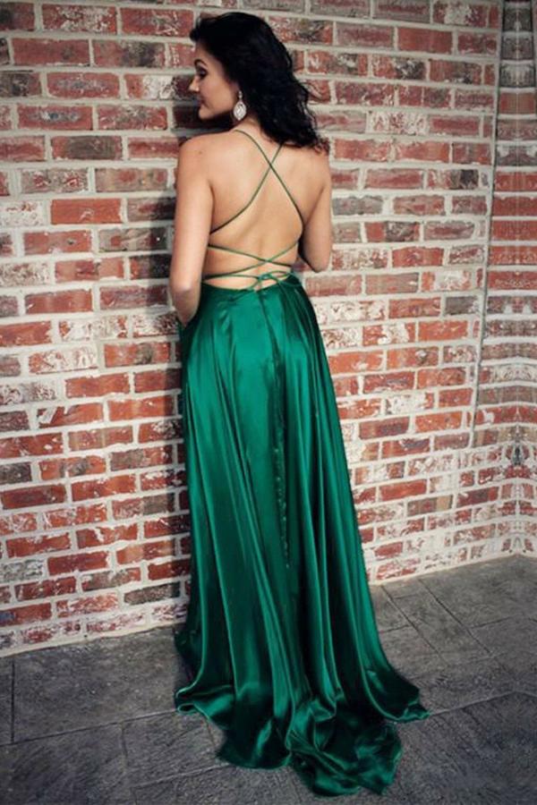 A Line Green Straps Criss Cross Back Long Prom Dresses with Pockets PDI62