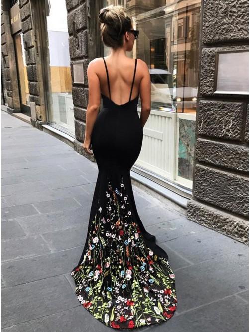 Mermaid Spaghetti Straps Sweep Train Black Prom Dress with Floral Embroidery PDK65