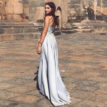 Mermaid Spaghetti Straps Detachable Silver Prom Evening Dress with Appliques PDQ66