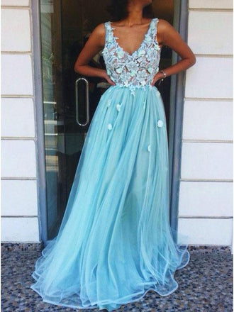 A-Line V-Neck Floor-Length Tulle Long Prom Dress with Appliques PDQ96