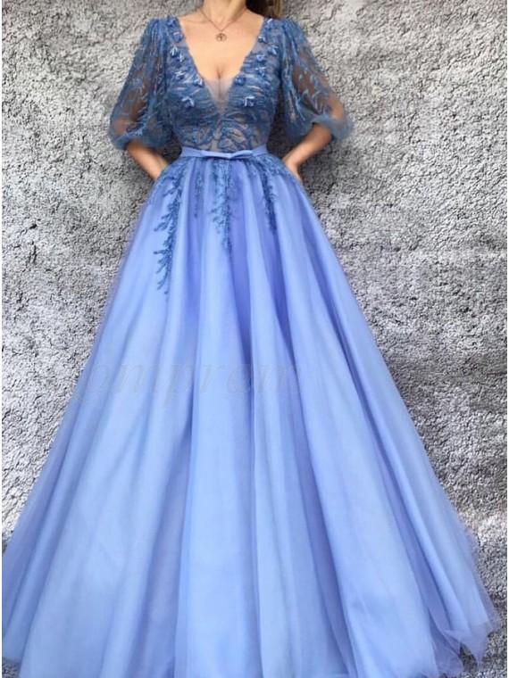 A-Line V-Neck Half Sleeves Tulle Prom Dress with Appliques PDQ94