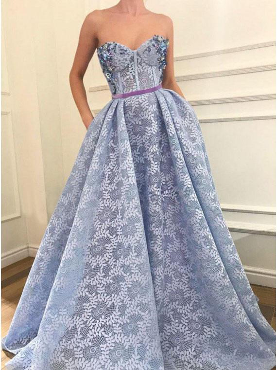 Stunning A-Line Sweetheart Light Blue Lace Prom Dress with Pockets Beading PDQ95