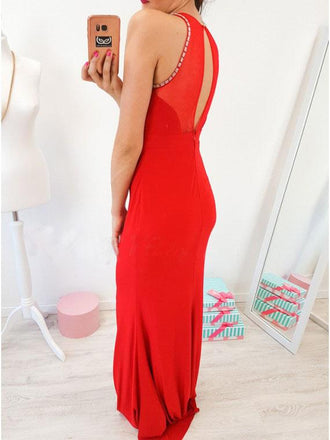 Mermaid Crew Open Back Floor-Length Red Prom Dress with Keyhole PDR7