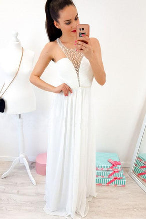 A-Line Crew Floor-Length White Chiffon Prom Dress with Pearls PDR5