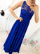 A-Line Round Neck Floor-Length Royal Blue Prom Dress with Lace Pleats PDR4