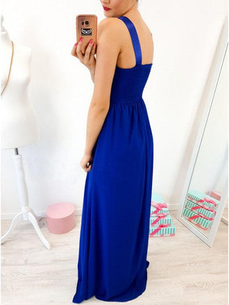 A-Line Round Neck Floor-Length Royal Blue Prom Dress with Lace Pleats PDR4