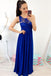 A-Line Round Neck Floor-Length Royal Blue Prom Dress with Lace Pleats PDR4