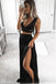 Two Piece V-Neck Floor-Length Black Chiffon Prom Dress with Lace Bodice PDQ99
