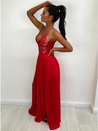 A-Line Spaghetti Straps Red Chiffon Prom Dresses with Lace Split PDL33