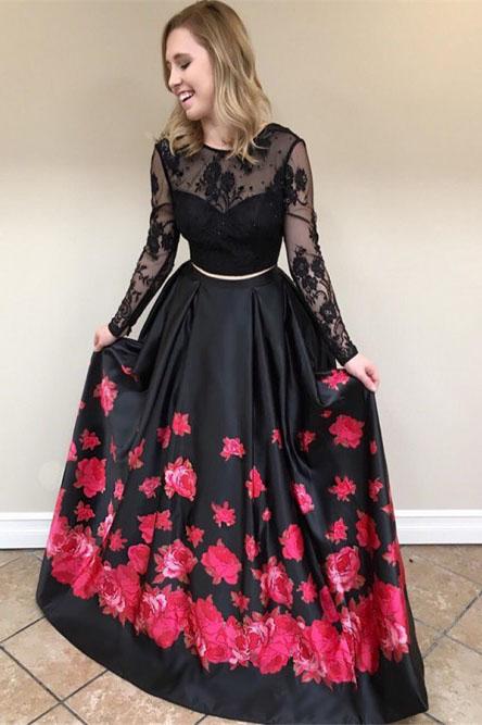 Two Piece Crew Long Sleeves Black Floral Printed Prom Dress with Lace OKL34 trendtydresses Two Piece Crew Long Sleeves Black Floral Printed Prom Dress with Lace OKL34 trendtydresses