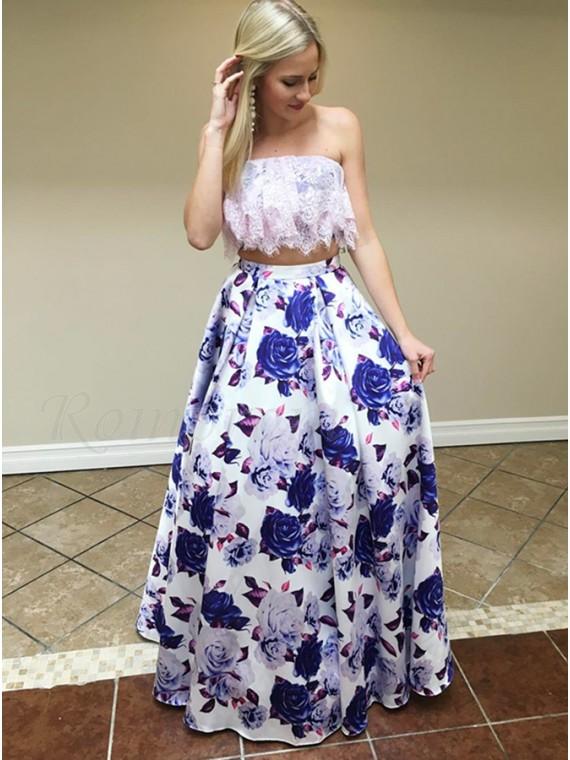 Two Piece Strapless Floor-Length Floral Printed Prom Dress with Lace T trendtydresses Two Piece Strapless Floor-Length Floral Printed Prom Dress with Lace T trendtydresses