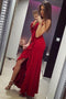 Mermaid Spaghetti Straps Red Satin Prom Dresses with Ruffles PDG99