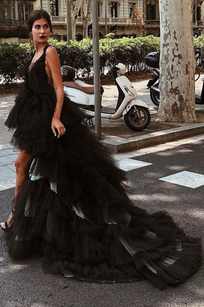 Beautiful A-Line V-Neck High Low Backless Black Tulle Prom Dresses PDG98