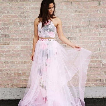 A Line Halter Sleeveless Floor Length Floral Pink Prom Dresses PDJ32