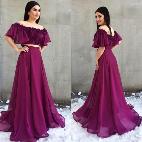 Two Piece A-Line Off the Shoulder Purple Chiffon Prom Dress with Appliques PDH5