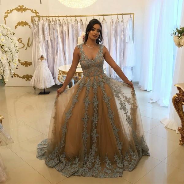 A-Line V-Neck Tulle Long Prom Dress with Lace Appliques PDH6